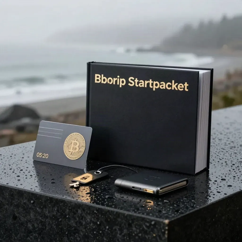 Bitcoin-startpaket i bokbox med guider, wallet-kort och säkerhetsbricka i kustdimma.