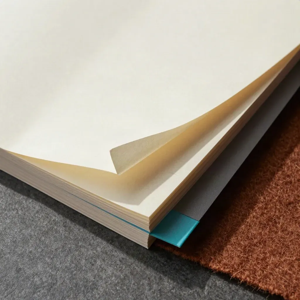 Tunn skatteguide i vikt papper sjunker i mjuk ull, ovanifrån med liten cyan detalj.