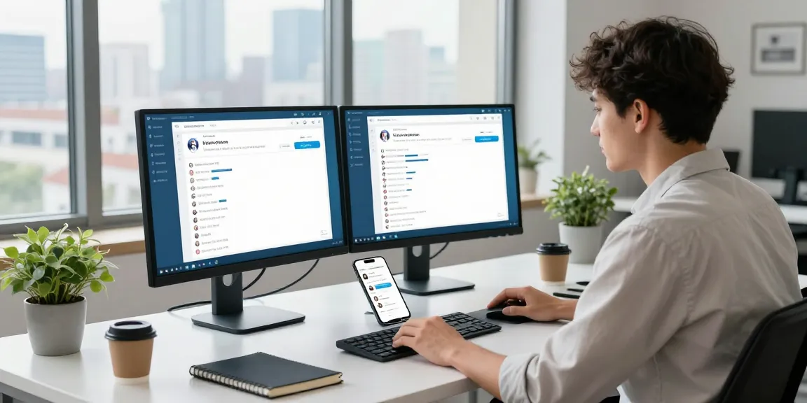 Engaged professional using Telegram Web Version on dual monitors in a modern workspace